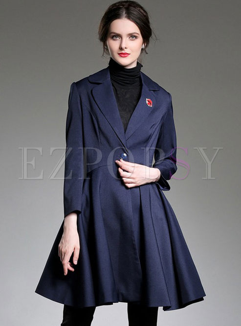 Solid Turn Down Collar Patchwork Pleated Three Quarter Sleeve Trench Coat