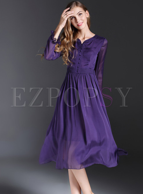 Pure Color Loose Silk Pleated Skater Dress
