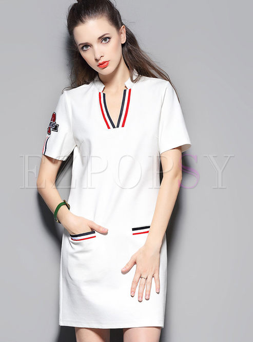 V-Neck Short Sleeve Pocket Embroidery T-Shirt-Shirt Dress