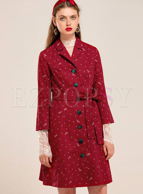 Lace Ruffed Sleeve Turn Down Collar Buttons Belt Floral Coat