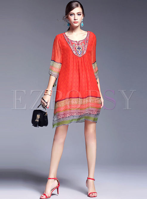 Dresses | Shift Dresses | Ethnic Silk Print Bead Loose Dress