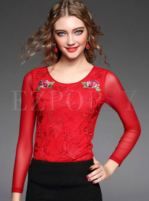 Sexy Mesh Patch Embroidery Slim T-Shirt