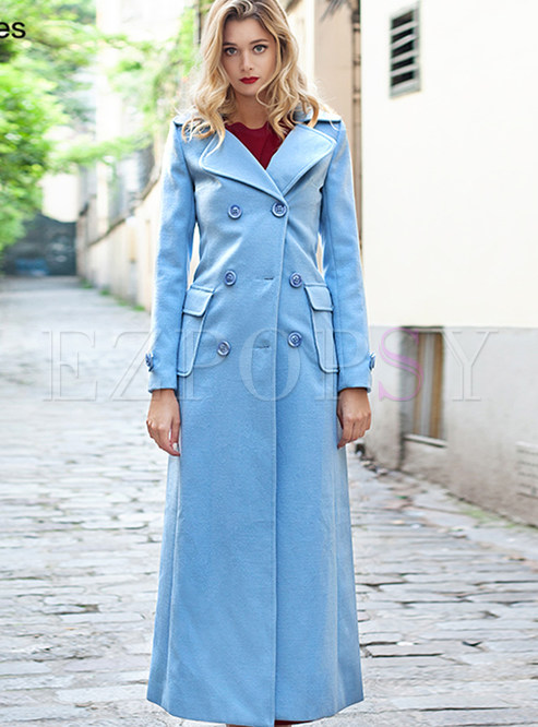 Pure Color Woolen Double-Breasted Long Trench Coat