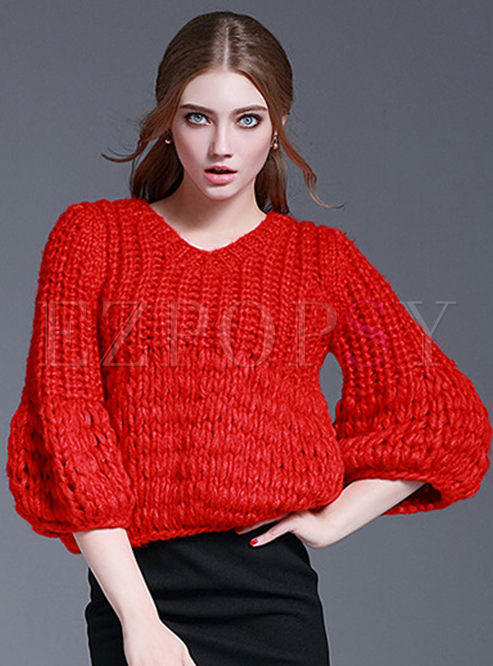 V-Neck Hollow Out Puff Sleeve Sweater