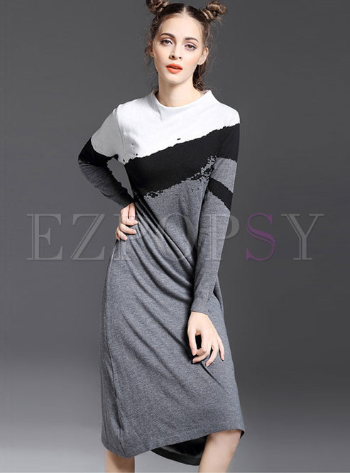 Stylish Color-Matched Loose Knitted Dress