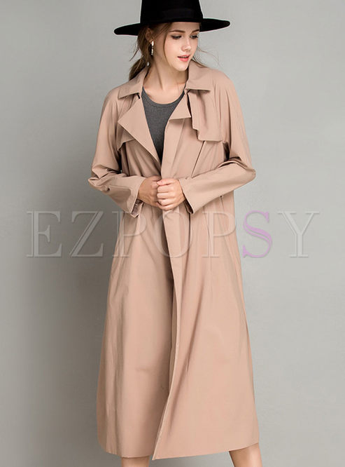 Notched Collar Belt Solid Brief Bowknot Trench Coat