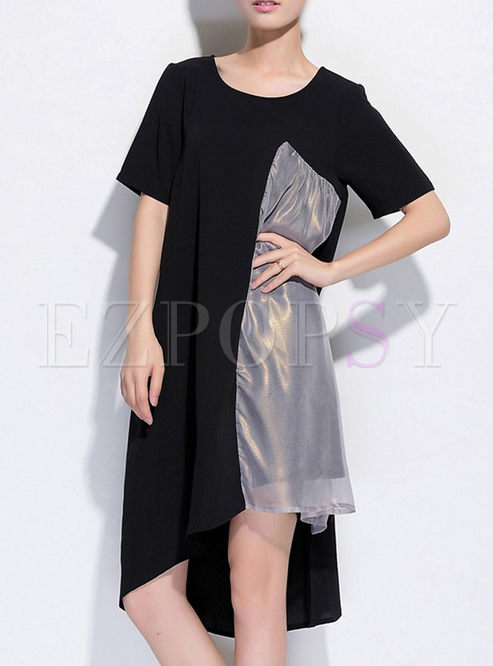 Womens Short Sleeve Color Matched Casual Long Dress