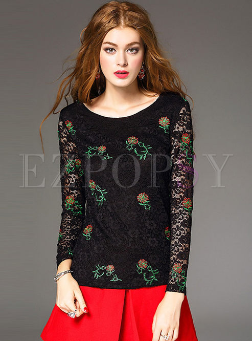 Lace Embroidery Long Sleeve Slim T-Shirt