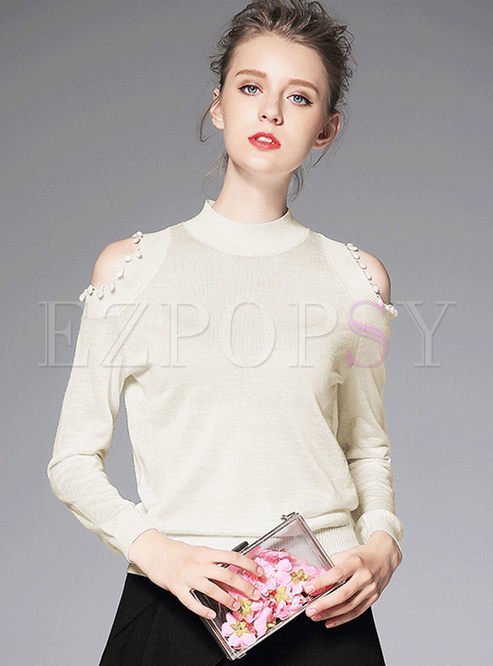 Leakage Shoulder O-Neck Knitted Sweater