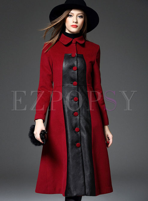 Vintage Turn Down Collar Patchwork PU Trench Coat