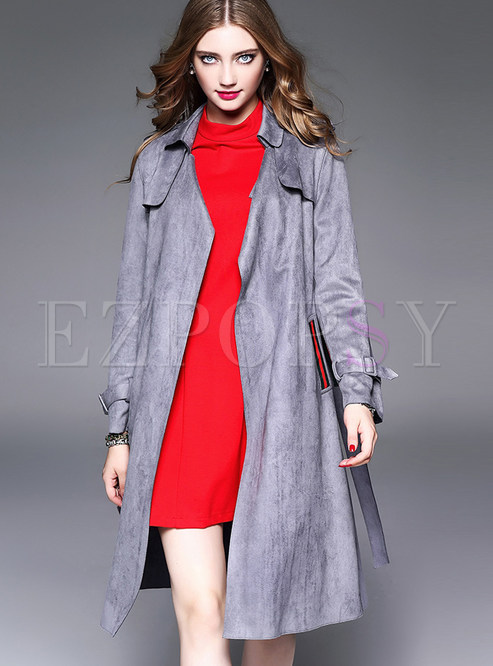 Faux Suede Long Sleeve Belt Trench Coat