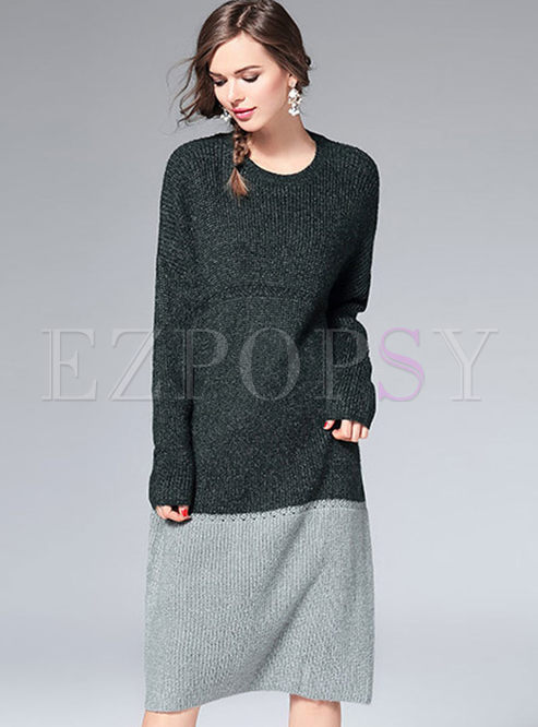 Causal Patchwork Straight Loose Knit Dress
