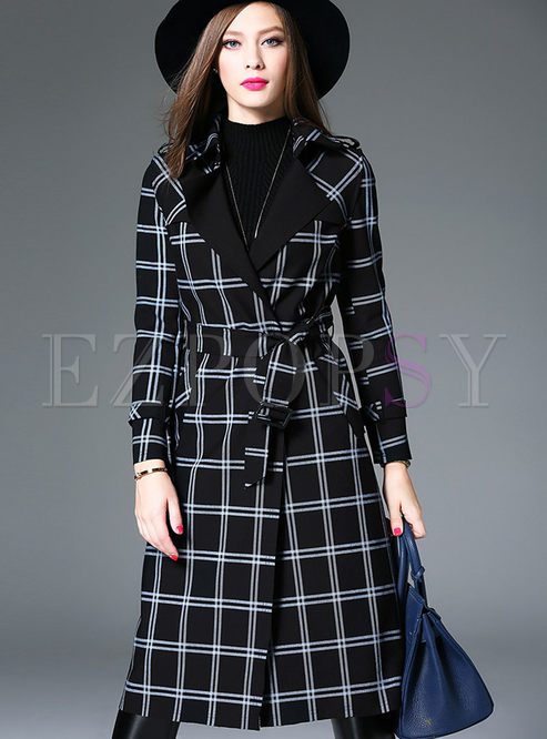 Brief Long Sleeve Plaid Slit Trench Coat