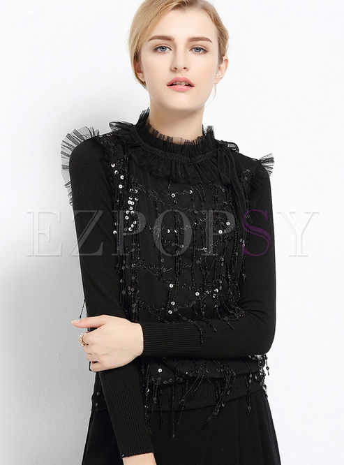 Causal Patchwork Tassel Lace Sweater