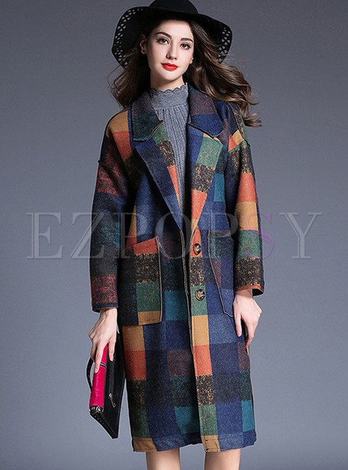 Contrast Color Grid Single-breasted Woolen Coat 