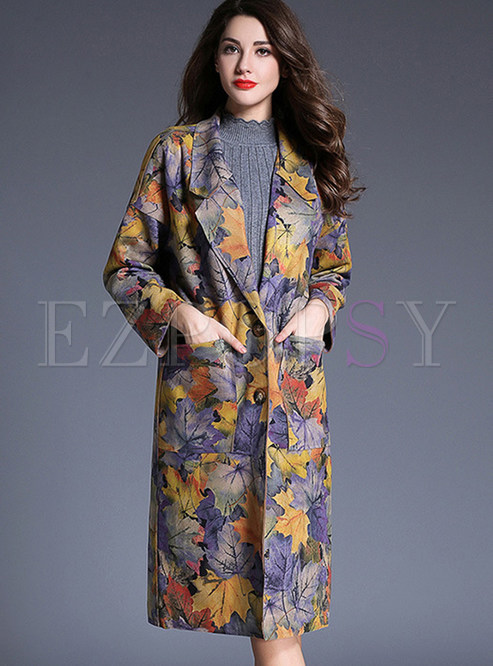 Floral Print Faux Suede Single-breasted Trench Coat