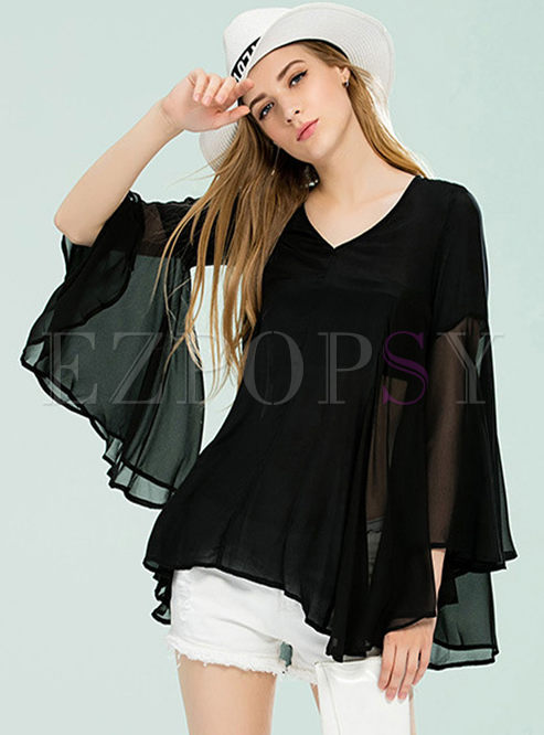 See-through Asymmetrical Pullover Silk Blouse