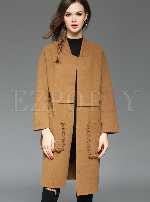 Outwear | Jackets/Coats | Pure Color Loose Baseball-Collar Woolen Coat