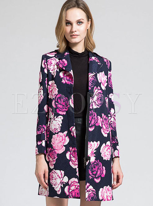 Vintage Print Notched Collar Slim Trench Coat