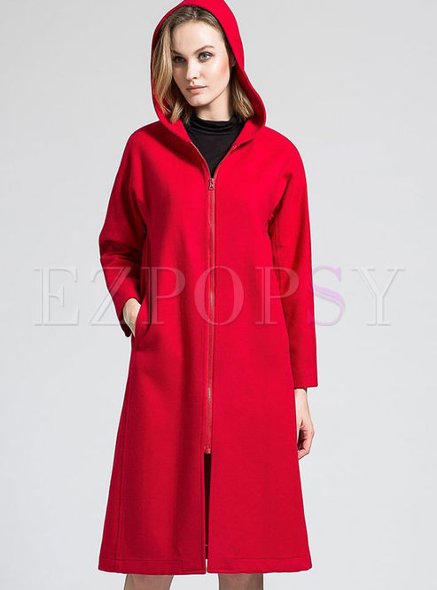 Casual Solid Color Zipper Wool Straight Coat