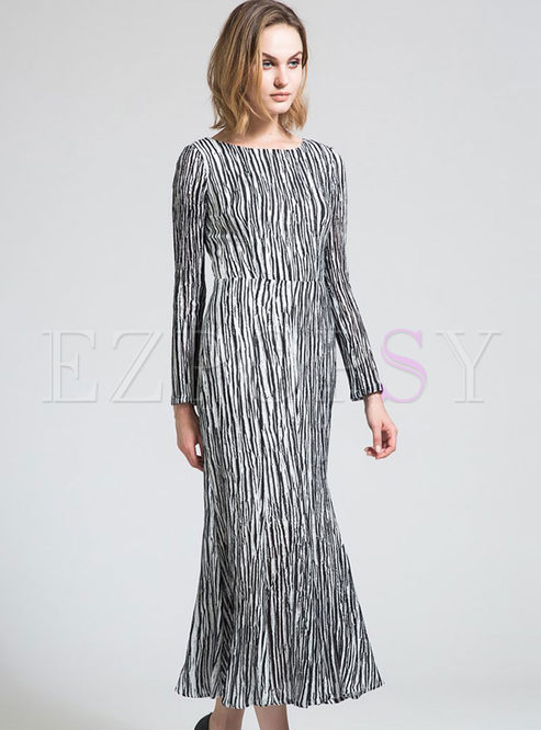 Long Monochrome Stripe Mermaid Maxi Dress