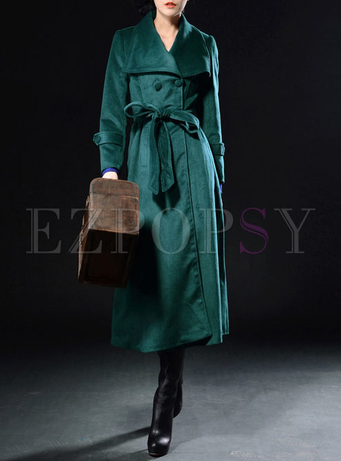 Casual Turn Down Collar Long Trench Coat With Belt