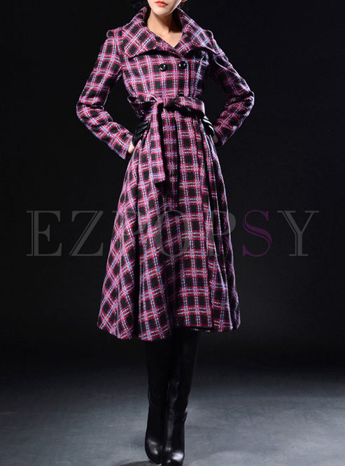 Brief Plaid Slim Wool Trench Coat With Belt