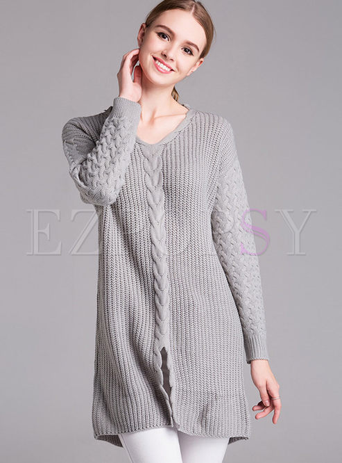 Pure Color V-neck Loose Sweater