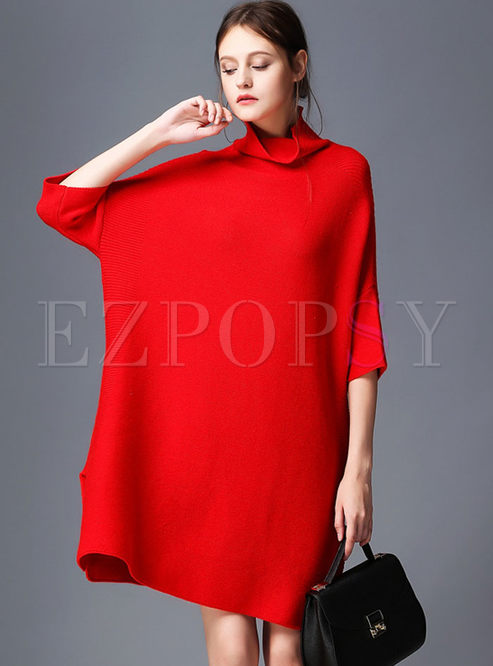 Tops | Sweaters | Long Solid Color High Neck Bat Sleeve Knitted Sweater