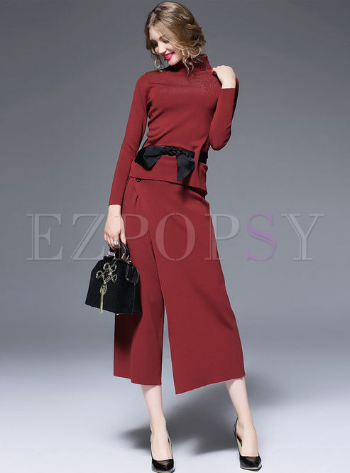 Elegant Pure Color Knitted Two-piece Outfits 