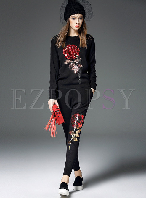 Long Sleeve Rose Sequin Knitted Pencil Pant Suits