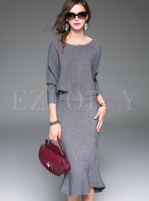 Pure Color Long Sleeve Knitted Two-Piece Outfits