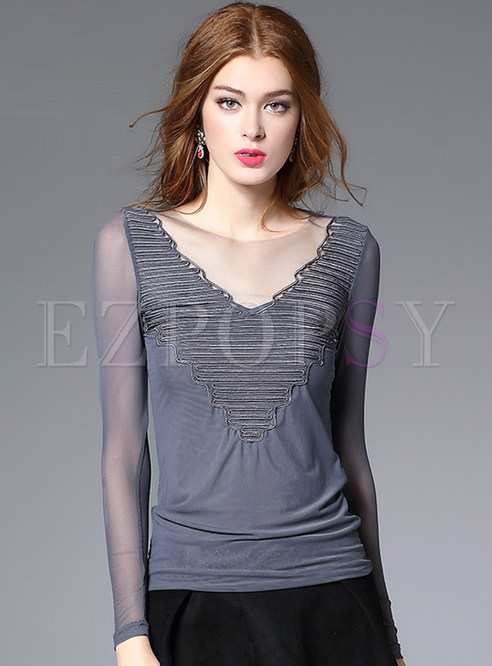 Sexy Pure Color-blocked V-neck Slim Thick T-shirt