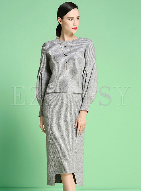 Stylish Puff Sleeve Sweater &Slim Split Skirt Outfits