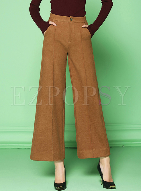 Vintage Woolen High Waist Slim Brown Pants
