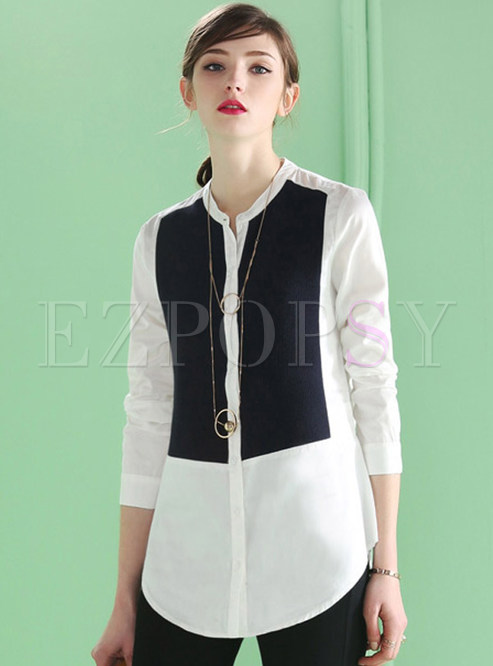 Brief Patch Stand Collar Three Quarters Sleeve Blouse