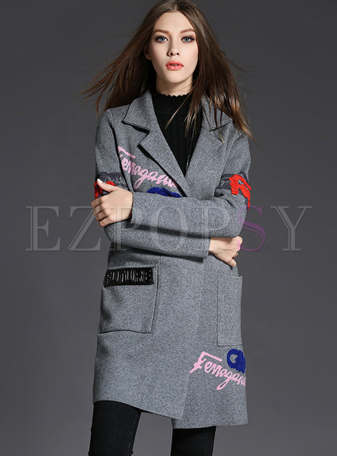 Grey Letter Embroidered Loose Sweater Coat