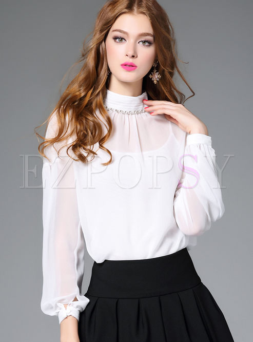 Brief Pure Color Lantern Sleeve Pullover Blouse