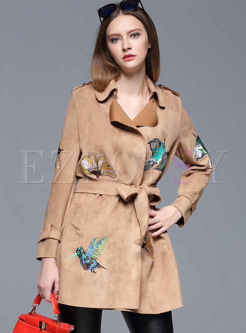 Stylish Embroidery Suede Trench Coat