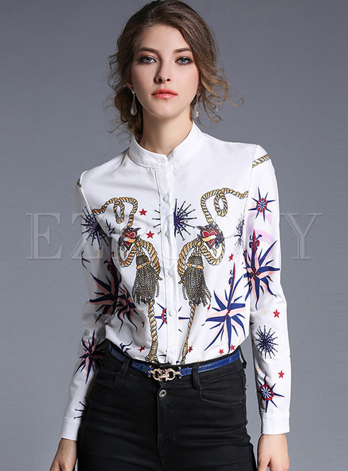 Retro Print Stand Collar Single-breasted Blouse