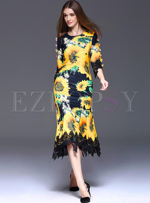 Ethnic Lace Patch Sunflower Print Mermaid Dress