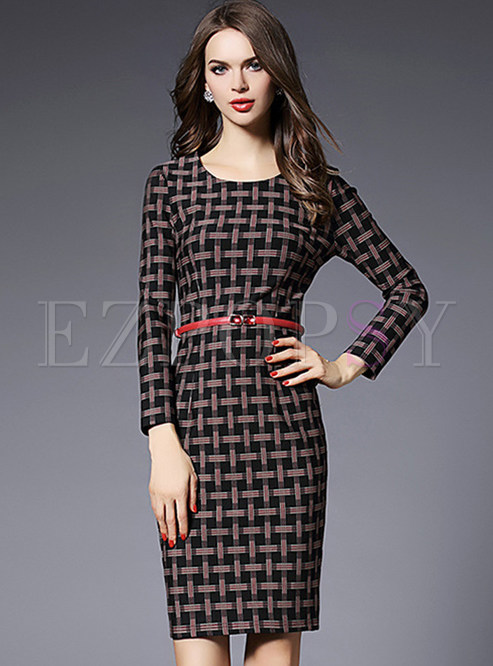 Houndstooth Slim Long Sleeve Bodycon Dress With Belt
