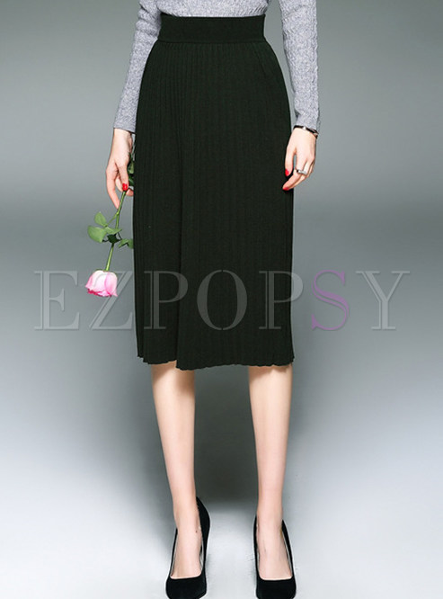 High-Waist Pleated A-Line Wool Knit Skirt