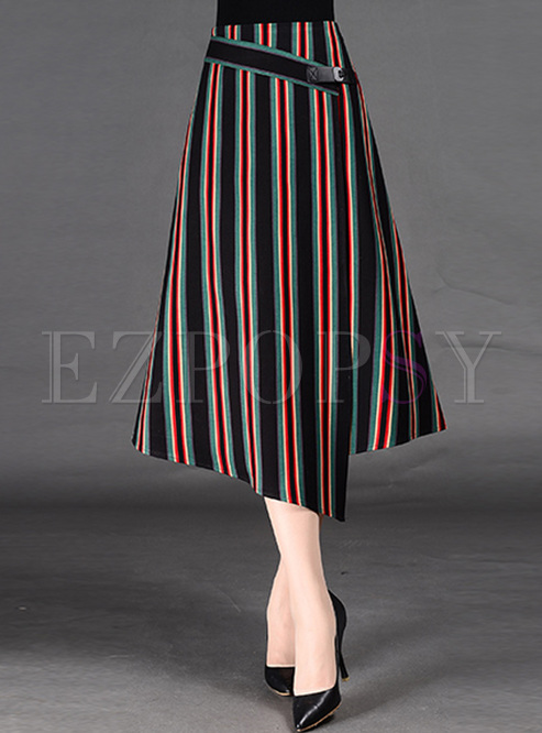 Vintage Vertical Stripe Asymmetric Patch Skirt