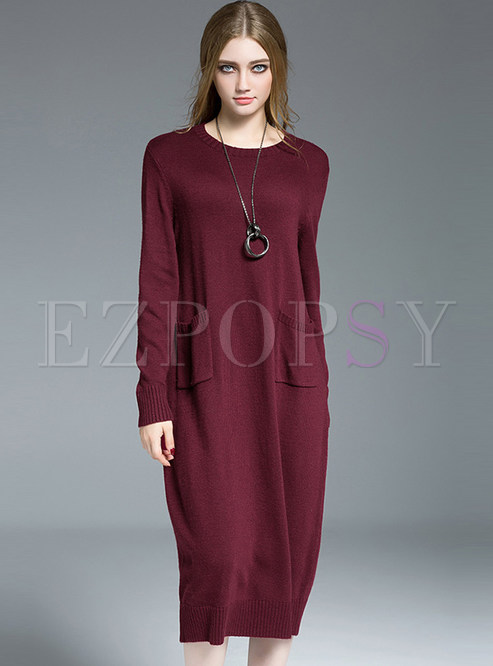 Red Casual Pocket Knitted Dress