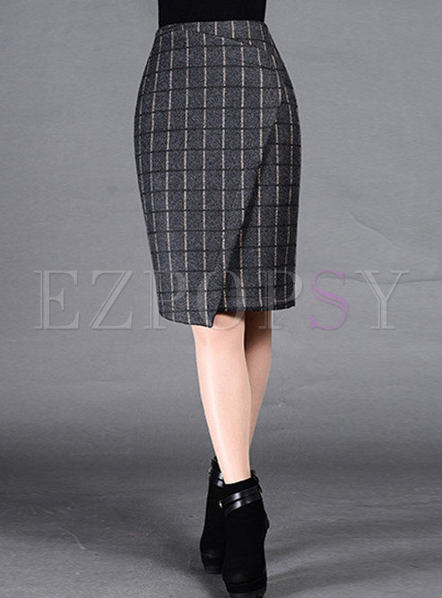 Checkered Asymmetric Wool Work Skirt