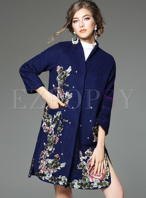 Ethnic Oversize Floral Embroidery Wool Coat