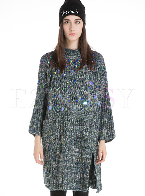 Stand Collar Sequined Split Thick Sweater
