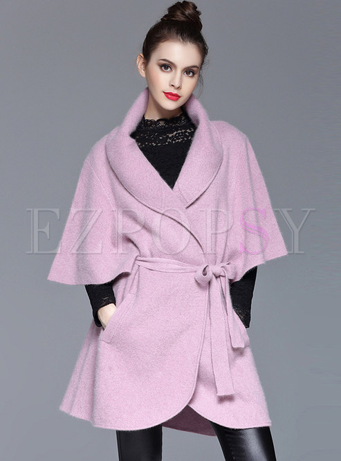 Pink High-end Belted Cloak Wool Coat