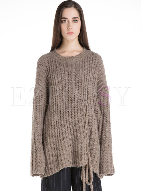 Drop Shoulder Lace-up Knit Sweater